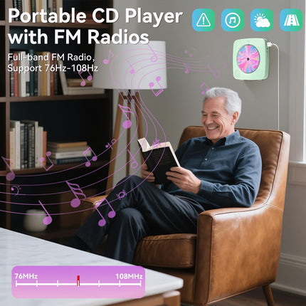 Raadio CD-mängijaga lastele: Kegaudio kaasaskantavad CD-mängijad Bluetooth-kõlariga, esipaneeliga, kaugjuhtimispuldiga, taimeriga, USB-taasesitusega, AUX-taasesitusega, roheline