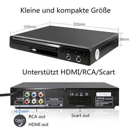 Mini DVD-mängija Scart kompaktne CD-mängija, regioonivaba HDMI DVD-mängija telerile, HD DVD/CD/VCD-mängijaga, USB, 2 mikrofoniliidest, HDMI/AV-kaabel, integreeritud PAL/NTSC telerisüsteem, metallkorpus