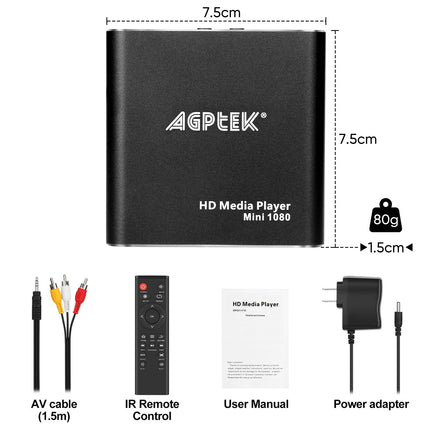 AGPTEK Mini 1080P Full HD digitaalne meediapleier Meediapleier kaugjuhtimispuldiga MP3, WMA, OGG, AAC, FLAC, APE, AC3, DTS, ATRA jaoks