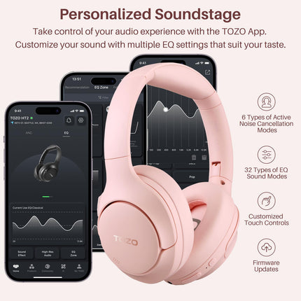 TOZO HT2 Over-Ear Headphones Bluetooth, Hybrid Active Noise Cancelling Headphones, Wireless Bluetooth Headphones with App Control, Hi-Res Audio, 60 Hours Playtime, Deep Bass, Comfortable Ear Cups, Pink