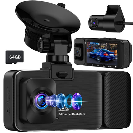 LECTRUS 3-Channel 4K Dash Cam Front and Rear View, 5G WiFi Dash Cam, APP Control, Night Vision, 3" IPS Screen, G-Sensor, 24-Hour Parking Mode, Loop Recording, 64GB SD Card Included