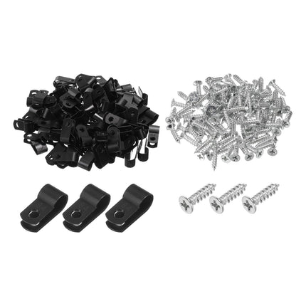 QUARKZMAN R-Type Cable Clip Wire Clamp, 8.4 mm 0.33 inch Nylon Screw Fastening Cable Tie Clips with Screws Black for Cable Management Pack of 200