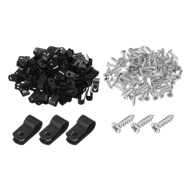 QUARKZMAN R-Type Cable Clip Wire Clamp, 8.4 mm 0.33 inch Nylon Screw Fastening Cable Tie Clips with Screws Black for Cable Management Pack of 200