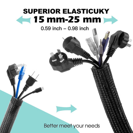 AGPTEK 6m kaablihülss, 15-25mm isesulguv kaablikanal, painduv kootud kaablikate, kaablihaldus laua, teleri, arvuti, personaalarvuti jaoks, kaablikaitse koertele, kassidele, must
