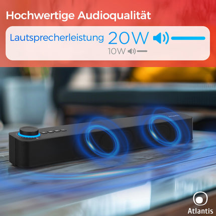 Atlantis Soundbar PC 20W, arvutikõlar, 3,5 mm pesa + Bluetooth 5.3 nutitelefonile, FireTV-le, plaadimängijale, 2400 mhA aku, FM-raadio, arvutikõlar, kaasaskantav, teler, nutitelefon 420x60x74 mm P003-C0820-B