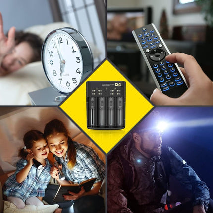 18650 akulaadija 4 pesaga, 3,6–4,2 V liitiumioonaku laadija, laetav: 10440 16340 18650 18700 20700 21700 22650, 1,2–2,4 V NiMH/NiCd: AAAA, AAA, AA, a, a, SC, c