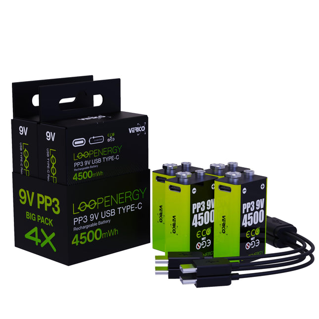 VERICO LoopEnergy 9V plokk 4 tk, PP3, 4500 mWh, laetav USB-C aku, liitiumioonaku, 2 x laadimiskaablit USB A-st 2 x C-ni