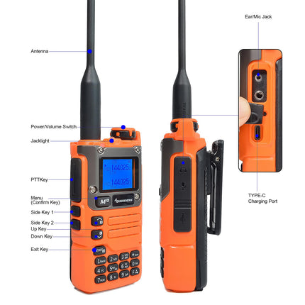 HYS Quansheng UV-K5(8) 5W kahe sagedusalaga raadiosaatja UV-K6(oranž) kõneraadio, laetavate akude ja VHF UHF kahesuunalise raadiosaatja kuulariga, läbipaistva helitoruga ja kõrvatroppidega