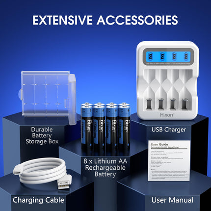 Hixon Lithium AA Batteries, Rechargeable 1.5V AA Lithium Battery, 3500mWh and 1600 Long Cycles, 8 Pack Lithium 1.5V AA Batteries with White Fast Charging LCD Display Charger