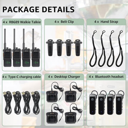 Retevis RB689 Walkie Talkie Long Range, Two-Way Radio with Wireless Headphones, 2600mAh, USB Rechargeable, Flashlight, Two-Way Radio Set for Contractors (Black, 4Pcs)
