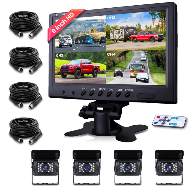 Podofo tahavaatekaamera kaabel monitoriga 9'' 4 kaamerakomplektiga 1/2/3/4 jagatud ekraaniga IP68 veekindel öönägemissüsteem veoautole/haagisele/bussile/kaubikule 2x10M ja 2x20M kaabel 4-kontaktiline lennundusliides 12-24V
