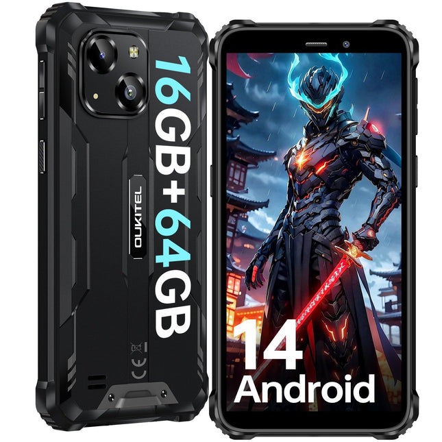 OUKITEL G2 (2025) Android 14-16GB+64GB/1TB välistingimustes kasutatav nutitelefon ilma lepinguta, 6300mAh ehitusplatsi mobiiltelefon, 6.0" HD+ ekraaniga nutitelefon, 13MP kaamera, 4G kahe SIM-kaardi pesa/IP68/IP69K/OTG/FACE ID