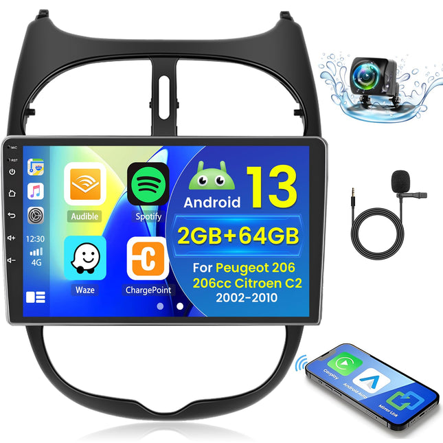 2+64GB Android 13 autoraadio Peugeot 206 206cc Citroen C2 2002-2010 raadio juhtmevaba Carplay Android Auto, 9-tolline IPS puutetundliku ekraaniga raadio tahavaatekaameraga, Bluetooth, navigatsioon, WiFi, DSP