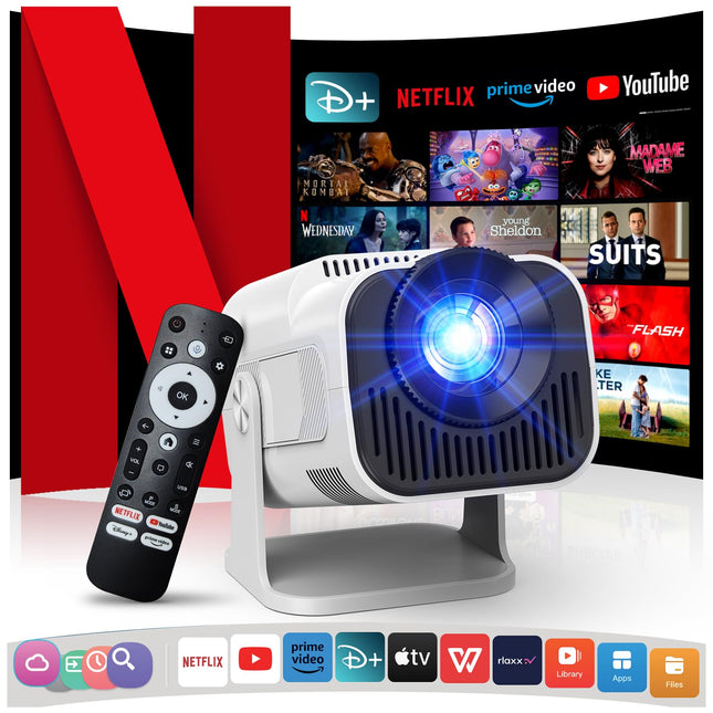[Netflixi ametlik/stereokõlar] 4K projektor WiFi ja Bluetoothiga, 1080P natiivne mini kaasaskantav projektor, ühe klõpsuga kasutatav sisseehitatud Netflix/YouTube/PrimeVideo/D+, nutika kodu õueprojektor valge