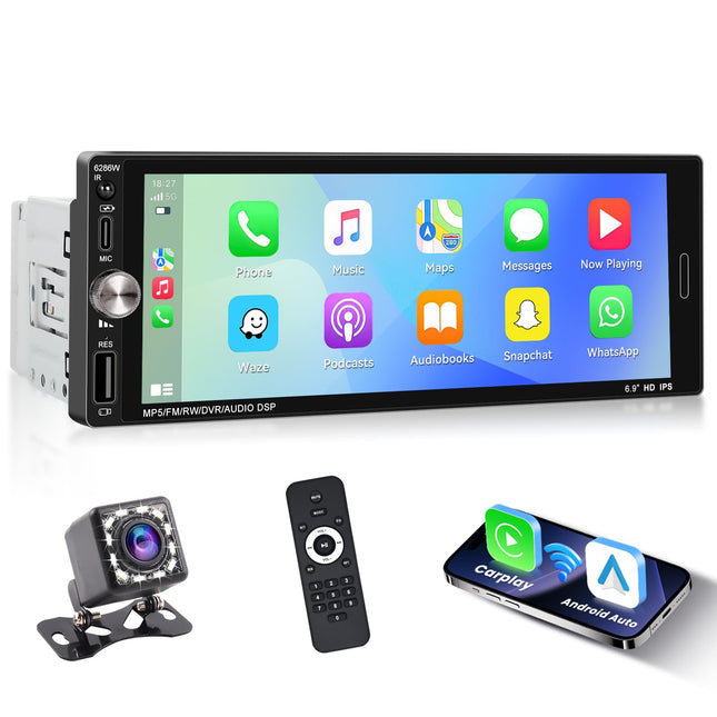 Hikity 1 DIN autoraadio Carplay Android Auto juhtmevaba 6,9'' puutetundlik ekraan Bluetooth Handsfree FM/EQ/USB/SWC/tagurduskaamera/peegliühendus
