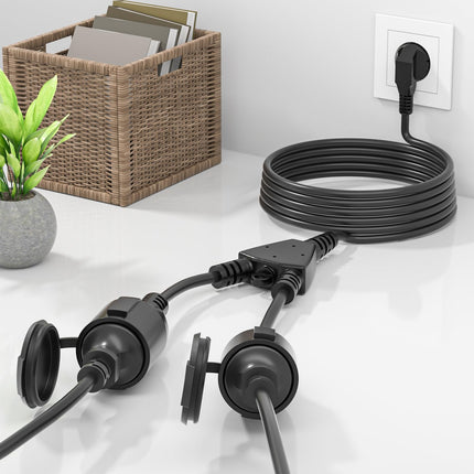 5M outdoor extension cable with 2 Schuko sockets, outdoor extension cable IP44, double extension for outdoor use with protective contact 2-way sockets, 16A/250V, black