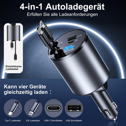 AmazeFan Retractable Car Charger 60W Mobile Phone Fast Charger, 12V USB Cigarette Lighter Adapter with Lightning and Type-C Cable, Car Charger USB C Compatible with iPhone/Galaxy/Pixel/Google Pixel