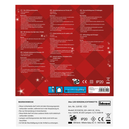 Idena 38192 - LED-küünlakett 30 sooja valge LED-iga, 30 küünalt klambritega, toitepistikuga, umbes 16 m pikk, siseruumides kasutamiseks, jõulupuu ja jõulukimbu kaunistuseks