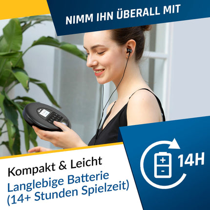 KLIM Nomad CD-mängija Bluetooth - kaasaskantav CD-mängija Discman pikaealise akuga - kõrvaklapid kaasas - CD-R, CD-RW, MP3 - TF-kaardilugejaga, FM-raadioga - ideaalne autosse - kaasaskantav CD-mängija Discman