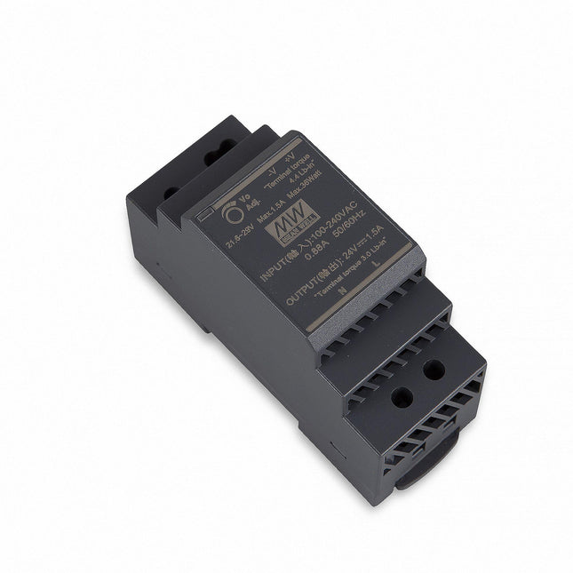 Mean Well HDR-30-24 24V/DC 30W LED-trafo LED-valgustusele, DIN-rööpale paigaldatav toiteplokk, 1,5 A, juhtmega, 9 x 5,45 x 9 cm, kaitseklass II