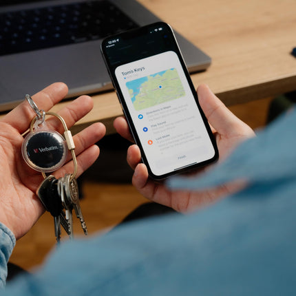 Verbatim My Finder mündikomplekt (2 tk), Bluetooth-jälgija võtmetele, seljakotile, kohvrile, rahakotile jne, ühildub Apple'i "Find My?" rakendusega, võtmeleidja vahetatava aku ja kaitseümbrisega