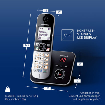 Panasonic KX-TG6821GB DECT cordless phone with answering machine (low radiation, Eco mode, GAP phone, landline, call barring) black