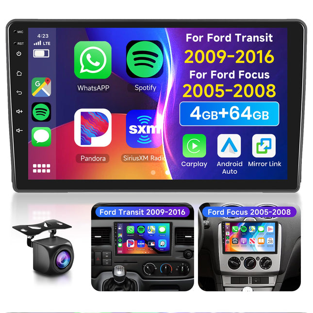 4G&amp;64G 9" Car Radio For Ford Transit 2009-2016/Focus 2005-2008 with Carplay Android Auto Wireless, 1280 * 720, Android 13, Touchscreen Bluetooth RDS/FM Radio, WiFi Navigation/AHD Rear View Camera