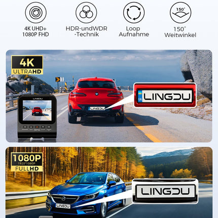 Dashcam Car Front Rear - 4K + 1080P Car Camera External 2.4" IPS Screen, Dual Car Camera with 64 GB SD Card, Voice Output, Parking Monitoring, Enhanced Night Vision, WDR