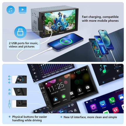 Eonon 7-tolline Linux Double Din autostereo, juhtmevaba CarPlay, Android Auto, kiirlaadimine, USB, DSP, Bluetooth, MirrorLink, RCA sisend/väljund, AUX sisend ja tahavaatekaamera x3