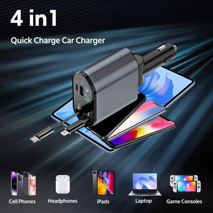 Sweetone 4 in 1 Cigarette Lighter USB C, 66W Retractable Car Charger, Mobile Phone Car Charger Adapter Fast Charger, Car Charger Accessory Interior Compatible with iPhone 16 15 /Samsung Galaxy