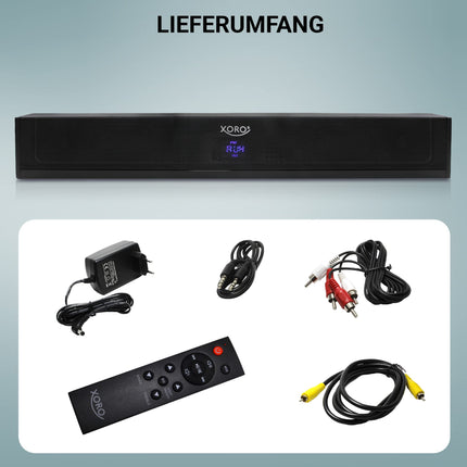 XORO TV heliriba HSB 50 V2 võimsusega 25 vatti, Bluetooth-kõlar, USB-meediapleier, Line IN, optiline ja koaksiaalne audiosisend, seinale paigaldamise võimalus