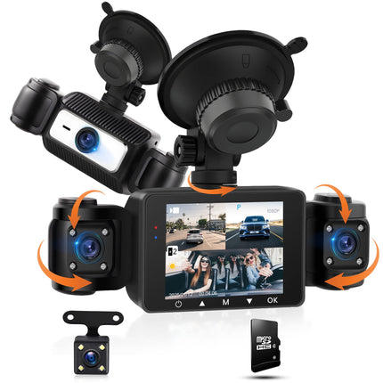 Auto videoregistraator 360°, 4 kaameraga FHD 1080P ees ja taga vasakul ja paremal, 2,4-tolline 1080P videoregistraator IR öönägemise/silmusvideo/24H parkimismonitori/G-anduri/parkimisabiga, 64 GB mälukaardiga