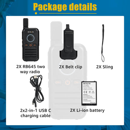 Retevis RB645 laetav raadiosaatja, PMR446 pihuarvuti kahesuunaline raadiosaatja, kahekordne PTT-raadio, USB C VOX käed-vabad seadmed, professionaalne perereiside raadiosaatja telkimiseks (2 tk, must)