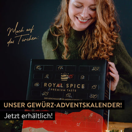 Royal Spice'i advendikalender 2024 – jõulukalender vürtsidega, mis sisaldab 24 kvaliteetset vürtsisegu ja vürtsinäidist – uusi tooteid ja populaarseid klassikuid kingituseks ja nautimiseks.