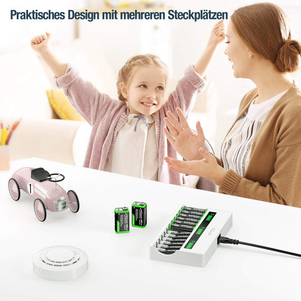 HiQuick akulaadija, AA AAA 9V laadija Mignon AA, Micro AAA NI-MH laetavatele akudele, 12 laadimispesa LCD-ekraaniga ja vahelduvvoolu toitekaabliga