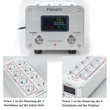 Pailvens HiFi pikendusjuhe, 8-suunaline häirete filtri pistikupesa LCD-ekraaniga, ülepingekaitse, koormuskaitse kuni 15 A, mitmikpesa kõlaritele, CD-DVD-mängija, hõbedane