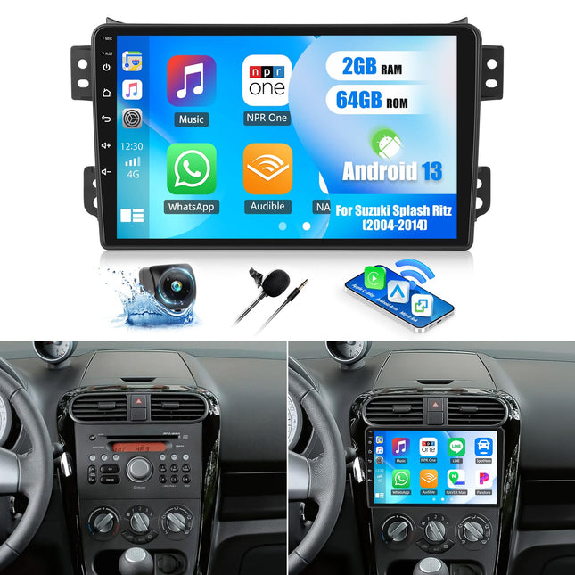 SIXWIN 2+64G Android 13 autoraadio Suzuki Splash Ritz 2004-2014 jaoks koos Carplay/Android Auto/Mirrorlinkiga, 9-tolline mahtuvuslik puuteekraan, toetab WiFi/GPS/FM/Bluetooth/SWC + AHD tahavaatekaamera + MIC-P2