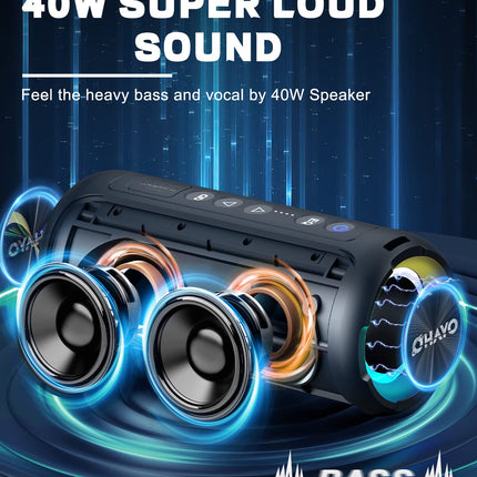 OHAYO Bluetooth Speaker 40W Portable Bluetooth Box with LED Light, Music Box with Enormous Bass, 360° Stereo Sound, IPX7 Water Resistant, 30H Battery, 3 Modes, Wireless Outdoor Speaker for iPhone
