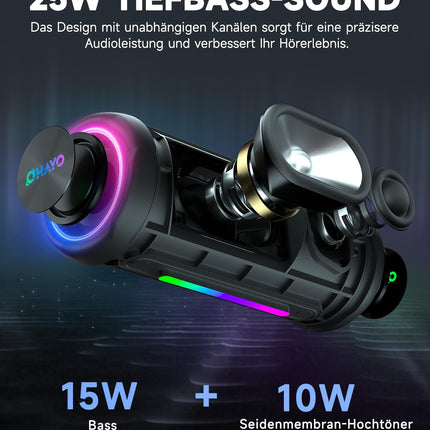 OHAYO Bluetooth Speaker with LED Light, 25W Dual Drivers Bluetooth Box, Portable Music Box, 24H Battery, Bass Boost, IPX7 Waterproof, 6 RGB Modes, Outdoor Speaker for Hiking