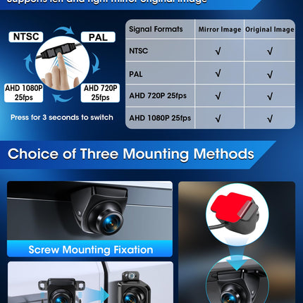 Rear view camera【3 mounting methods】 360° rotatable rear view camera car supports AHD 1080P/720P/NTSC/PAL modes front camera/rear view cameras with night vision universal DC 12V-24V for caravan SUV motorhome