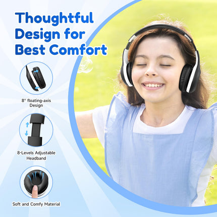 EarFun Bluetooth kõrvaklapid lastele, 85/94dB helitugevuse reguleerimine, HiFi heli, HD mikrofon, 40 tundi aku tööiga, kokkupandavad, reguleeritavad, juhtmevabad Bluetooth kõrvaklapid lastele kooli/reisimiseks/arvuti jaoks, mustad