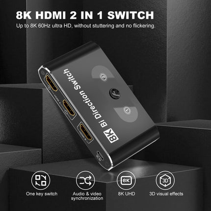 HDMI-lüliti 8K HDMI 2.0 jaotur, alumiiniumist kahesuunaline HDMI-lüliti 2 sisendit 1 väljund, HDMI-lüliti jaotur 1 x 2/2 x 1, toetab 8K 3D HD 1080P pistikut ja mängimist Xbox PS4 Roku HDTV jaoks