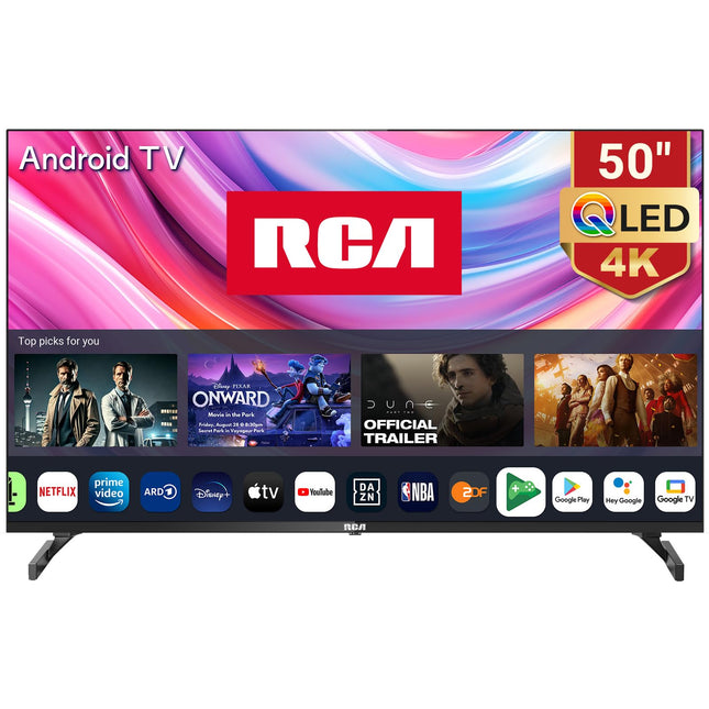 RCA RAQ50UN1 QLED-teler 50 tolli (126 cm) 4K UHD nutiteler Androidiga Aver HDR Google Assistant Dolby Audio WiFi Bluetooth YouTube Netflix Prime Video VEVO Disney+