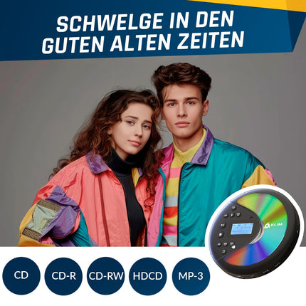 KLIM Discover with headphones + Portable CD player Walkman with long-lasting battery + FM radio + Compatible MP3 CD player + SD card, FM transmitter, Bluetooth + Ideal for cars + Portable CD player