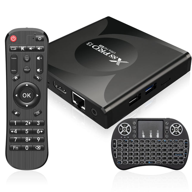Android 13.0 teleriboks, 4 GB muutmälu, 64 GB ROM, RK3528 neljatuumaline 64-bitine Cortex-A53 kiip, 8K UHD video, 2.4G/5G kahekordne WiFi, Bluetooth 5.0, nutiteleriboks miniklaviatuuriga