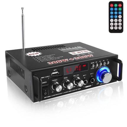 Etlephe Mini Amplifier, HIFI Amplifier, Bluetooth 5.0 Stereo Audio, 12 V 220 V 600 W, 2 Channels, LCD Display, High Fidelity, Portable FM Radio, SD/USB Card Input, for Home or Car