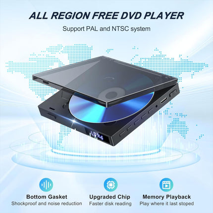 Õhuke DVD-mängija, kompaktne DVD-mängija telerile, 1080P HDMI DVD-mängija kõikidele piirkondadele tasuta, taasesitusmälu, HDMI/AV-väljund, USB 2.0, toetab PAL/NTSC-d