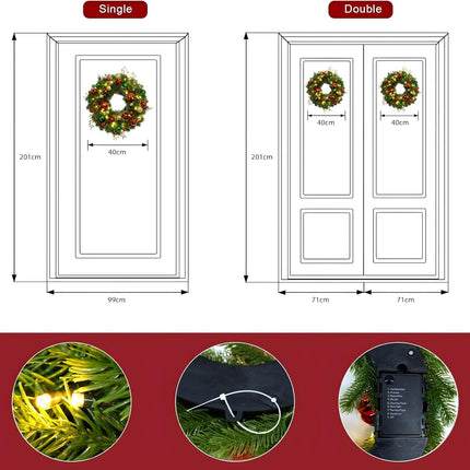 Avoalre uksepärg jõuludeks õues Ø 40cm jõulupärg akuga, 8 režiimi 40LED-i uksepärg taimerifunktsiooniga, LED-jõulupärgid jõuluustele, puudele, seintele, akendele