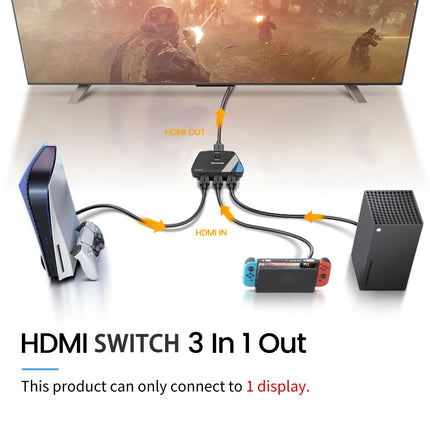 NEWCARE HDMI-lüliti 3 sisse-1 väljundiga koos 2,6 jala pikkuse kaabliga, 4K@60Hz HDMI-jaotur 3 sisse-1 väljundiga, 3-pordiline HDMI-lüliti jaotur, mis toetab Dolby Atmos HDR10-t