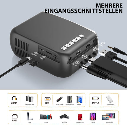 Miniprojektor, mobiilne, kaasaskantav projektor 1080p UHD juhtmevaba peegeldav ekraan nutitelefoni/lauaga, komplektne TV-pulk/PS5/PC/Android/IOS sise- ja välistingimustes kasutamiseks